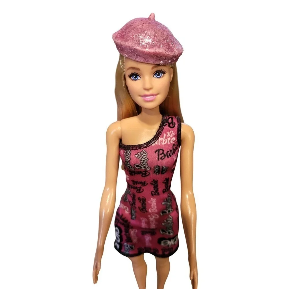 Barbie Doll Pink Dress Beret‎ Hat Blonde Hair Blue Eyes Fashion Toy